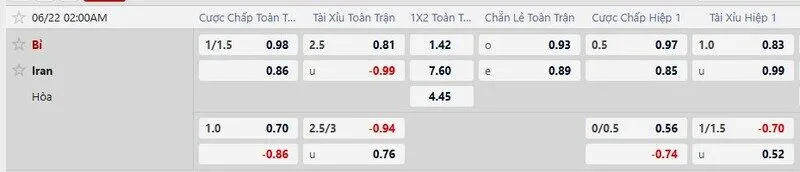 Bảng tỷ lệ kèo chi tiết Bỉ vs Iran 